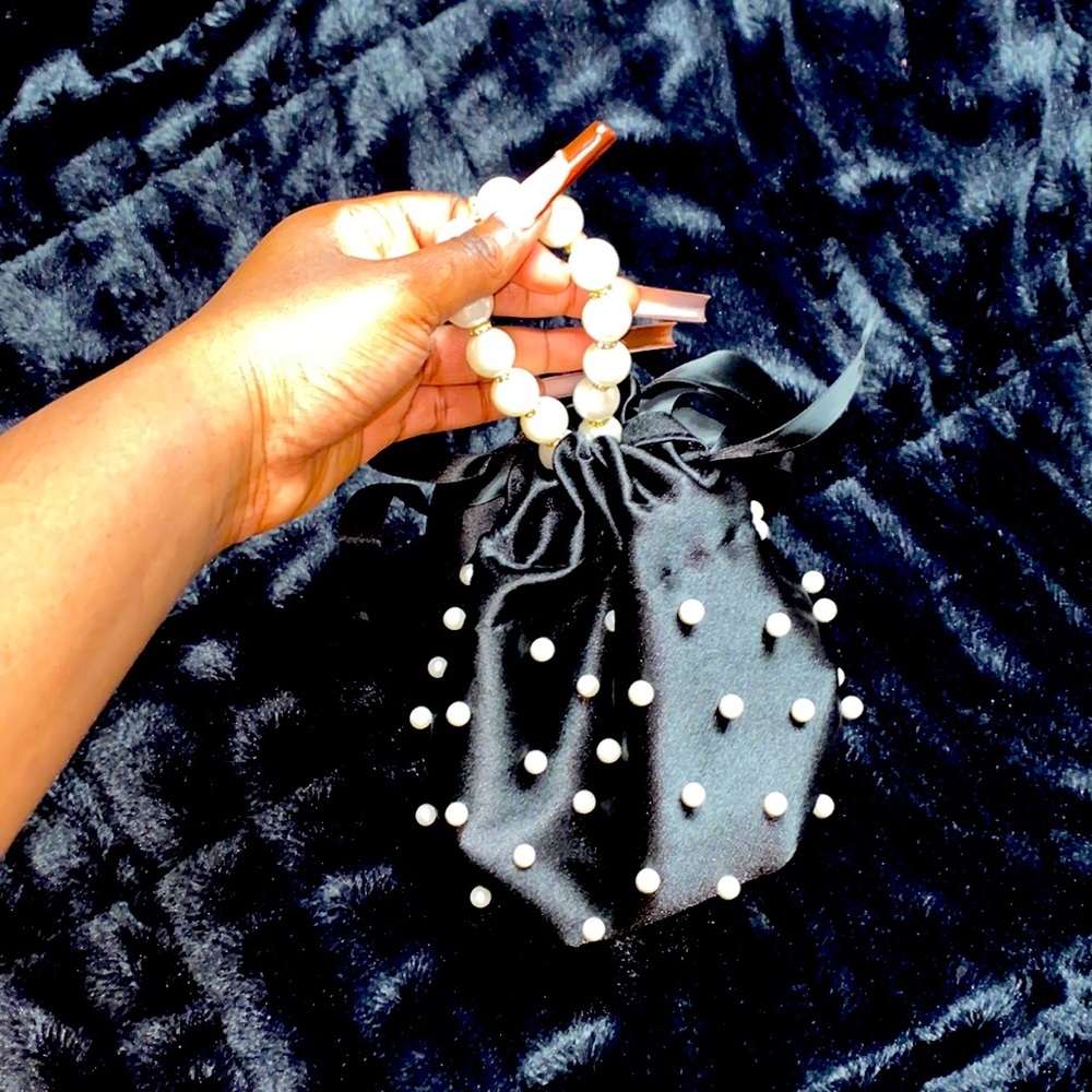 Faux Pearl & Rhinestone Decor Bucket Black Purse